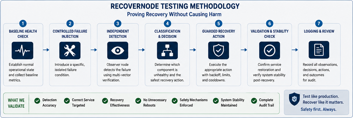 RecoverNode testing methodology from baseline validation through controlled failure, recovery, and audit review